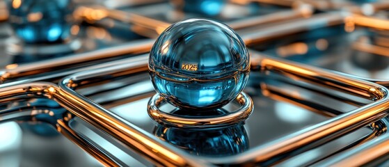 A futuristic abstract composition featuring a reflective sphere on a grid