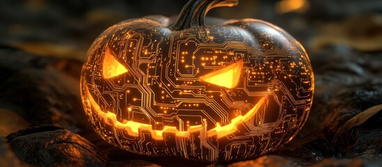 A Glowing Halloween Pumpkin With Computer Circuitry Carved Within