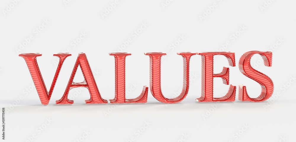 Poster high-quality 3d render of the word 'values' in red. ideal for presentations or business concepts.
