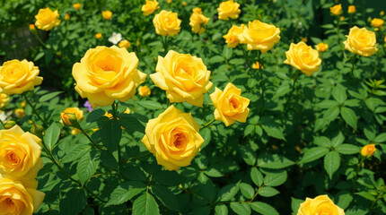 Vibrant yellow roses blooming in a lush green garden  