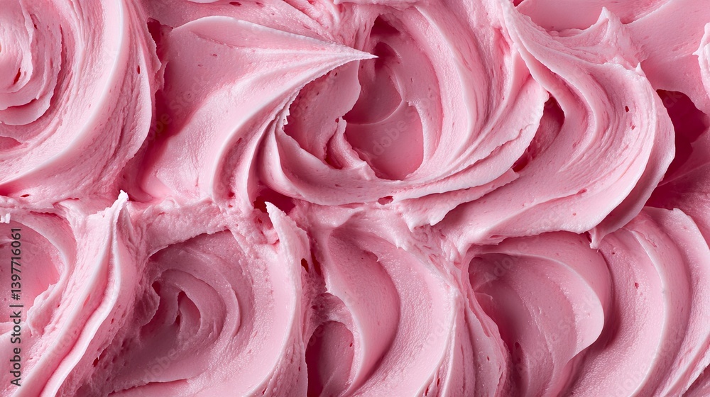 Poster close up of swirls of smooth pink frosting texture creating a visually appealing sweet background