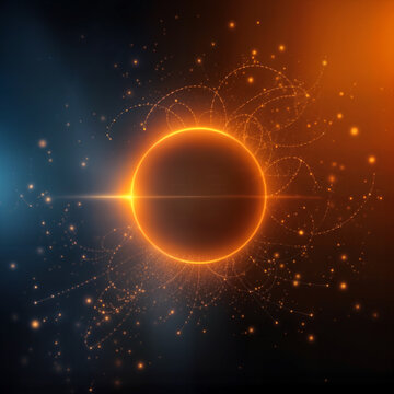 Astronomical event showcasing a solar eclipse with radiant light effects and cosmic particles