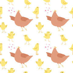 Seamless pattern with hen and chicks on a white background. Chicken with brood. Cute lovely family of domestic fowl or poultry birds. Childish flat cartoon vector illustration.