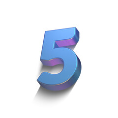 set of 3d metallic blue extruded numbers, 3d illustration, five