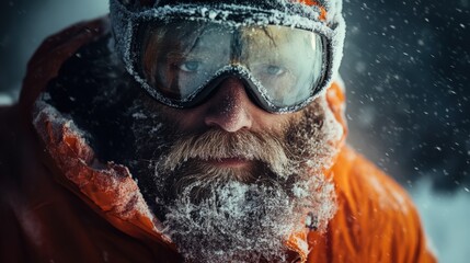 Snow-dusted adventurer! A bearded man in an orange jacket and goggles braves the winter landscape. Soft snowfall creates a magical, blurred backdrop