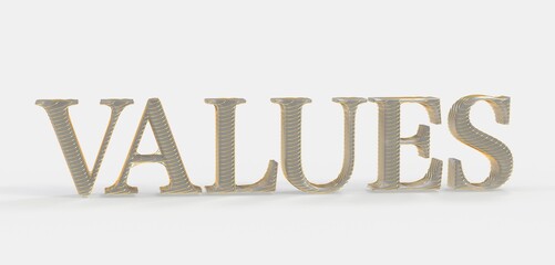 High-quality 3D rendering of the word 'Values' in gold and gray. Ideal for business, ethics, and corporate concepts.