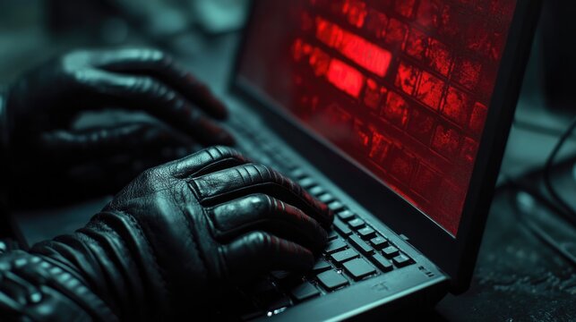 Dark, mysterious scene featuring gloved hands typing on glowing