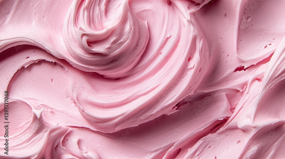 Poster close up of a pink frosting swirl texture creating abstract patterns and soft light and shadows