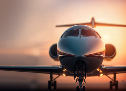 Jet takes off against a stunning sunset sky at a private airport in golden light