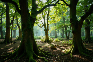 Enchanted Forest Grove Majestic Trees and Verdant Roots Blanket the Ground in a Serene Woodland Setting