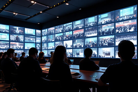 Conference attendees engaging with multiple presentations in a modern auditorium environment