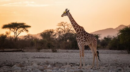 Obraz premium Funny Giraffe in Sunglasses African Savanna Sunset.
