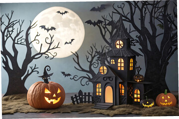 Fototapeta premium Whimsical Halloween Scene with Paper Haunted House, Glowing Pumpkins, and Full Moon Lighting