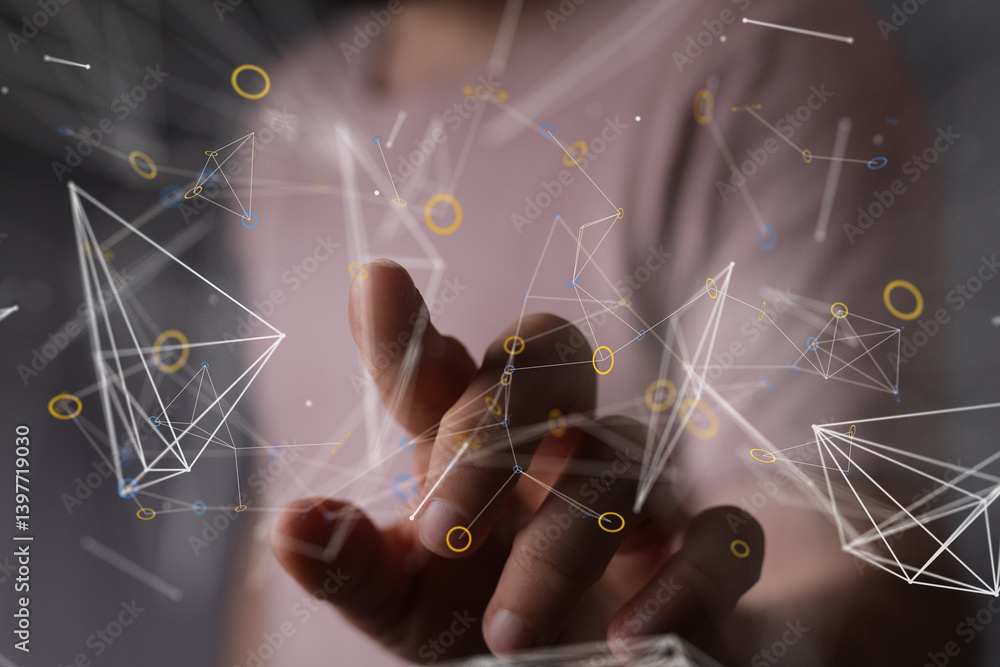 Poster hand reaching towards a digital network of interconnected nodes and lines, representing data or conn