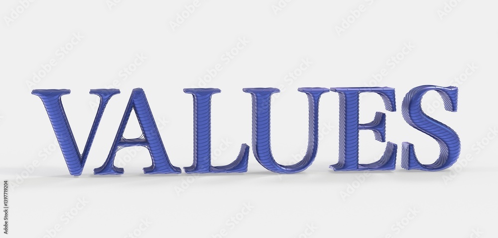 Poster high-quality 3d rendered image of the word 'values' in blue. ideal for presentations and business co
