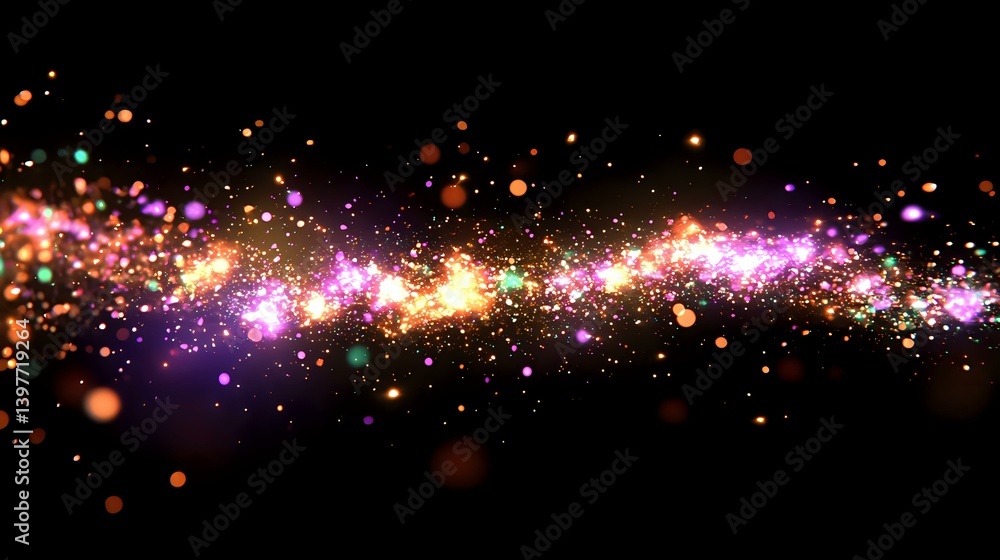 Poster magical glowing particles flow with pink and golden light effects against dark background, creating 