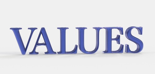 High-quality 3D rendered image of the word 'Values' in blue. Ideal for presentations and business contexts.