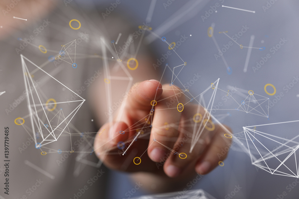 Aufkleber Abstract image depicting a finger interacting with a complex network of interconnected data points.