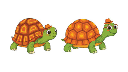 Friendly Turtles: Adorable cartoon of two cheerful turtles, one wearing hat and another wearing both hat and glasses, embody wisdom and resilience. Their presence evokes feelings of curiosity, joy.