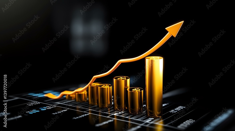 Poster golden bar chart with upward trending arrow showing financial growth and success on dark background 