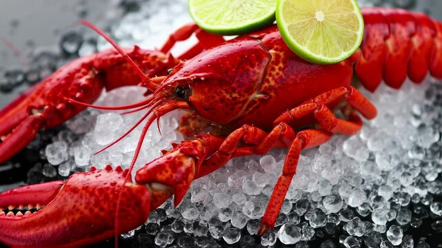 Close-up of a big cooked red lobster on crushed ice with lemon 