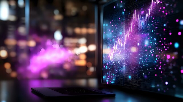 Glowing purple stock market chart with rising trend line on digital display screen, surrounded by bokeh lights and particle effects in dark setting.