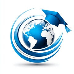 Naklejka premium Global Education Icon: Graduation Cap on World Globe with Abstract Blue Swirls Graphic
