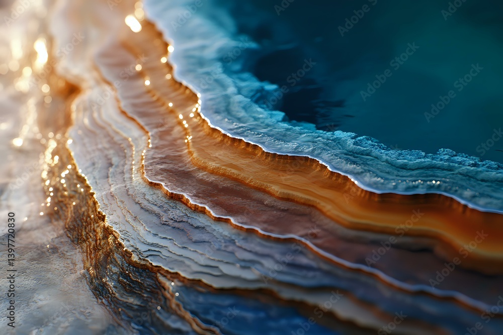 Poster macro photography of agate crystal slice showing detailed layers in blue and amber tones with natura