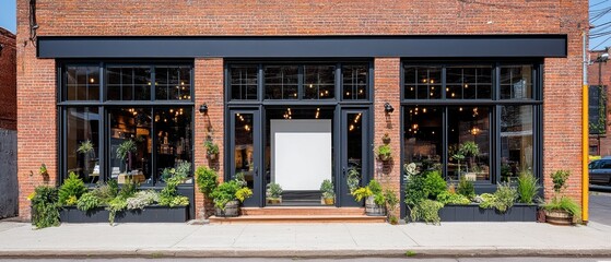 An inviting storefront featuring lush greenery and a blank entrance