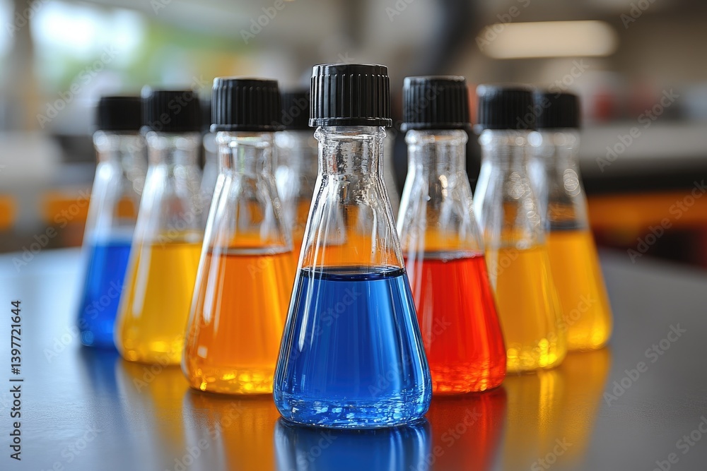 Poster colorful flasks on a lab bench