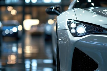 A close up of a modern cars headlight in an indoor showroom