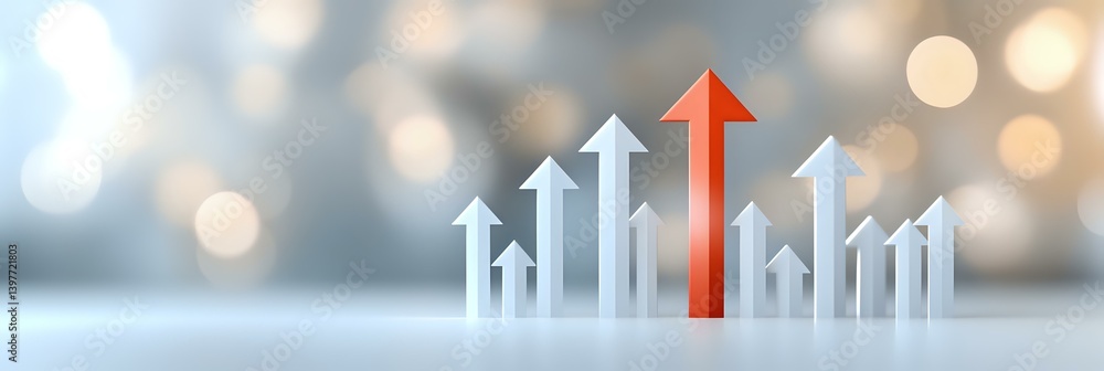 Aufkleber group of white and one red rising arrows showing growth trend against blurred bokeh background with 