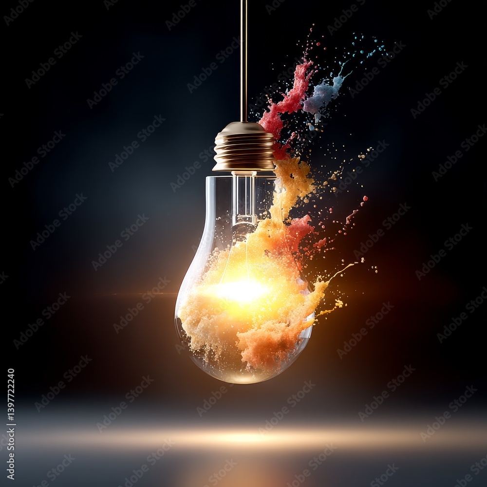 Poster Light Bulb Explosion: A Visual Representation of Innovation and Creative Energy Unleashed with Vivid Colors and Dynamic Motion