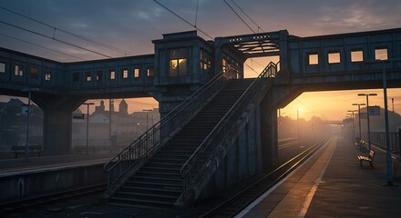 Train Station Platform with Elevated Walkway During Golden Hour Sunset