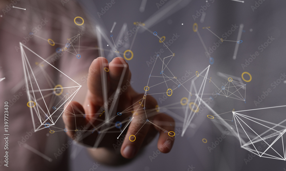 Poster Abstract image of hand interacting with a digital network, representing connection and technology.