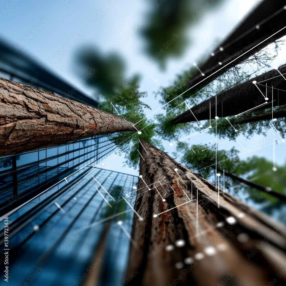 Leinwandbilder Nature's Algorithm: Trees and Technology Intertwined Beside Modern Architecture, Looking Up At Sky