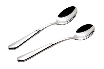 Fork knife and spoon arranged neatly in parallel with polished stainless steel finish reflecting light Isolated on white background