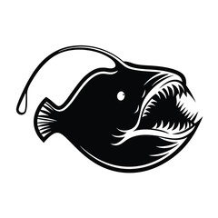 Black Anglerfish Silhouette with Sharp Teeth and Lure, Deep Sea Predator Isolated