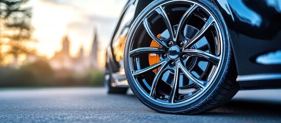 A close up view of a luxury car wheel and tire
