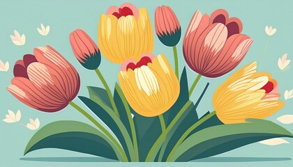 Lush tulips in shades of red and yellow bloom gracefully against a soft, calming background.