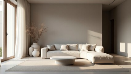 Elegant and spacious european living room designed with quiet luxury elements featuring soft textures and stylish decor for a cozy and inviting atmosphere