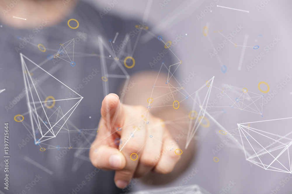 Poster Abstract image of a hand interacting with a digital network.  Perfect for technology, connection, and innovation concepts.
