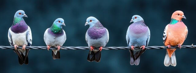 Pigeons against black cloudy background homing pigeon, racing pigeon and domestic messenger pigeon. Columbidae. asian pigeons. Oriental Roller. birds. bird sitting on wire.