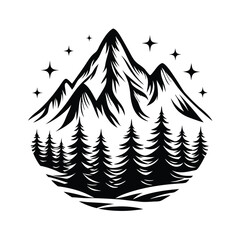 Obraz premium Black Mountains with Forest and Stars in Circle Nature Silhouette
