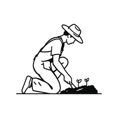 Obraz premium Silhouette of a Gardener Kneeling and Tending to Small Plants – Representation of Farming and Plant Care Vector Illustration