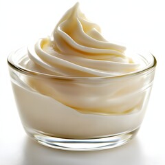Delicious Whipped Cream in a Clear Glass Bowl with Smooth Texture and Appetizing Appearance