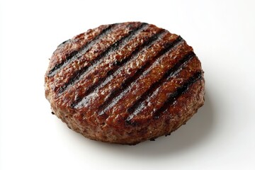 A photorealistic close up of a perfectly grilled beef patty