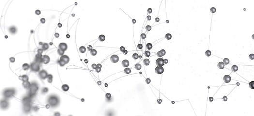 Abstract image of interconnected gray spheres and thin lines, representing network connections or data flow.