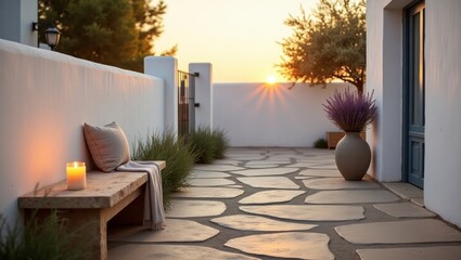 Inviting patio with a charming bench and candle surrounded by beautiful pots and lush greenery in a secluded mediterranean courtyard along the grecian coast providing relaxation