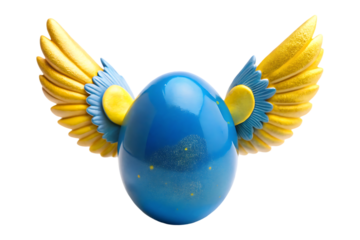 blue and yellow easter egg with wings on transparent background